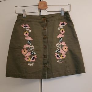 Khaki green embroidered button front skirt
